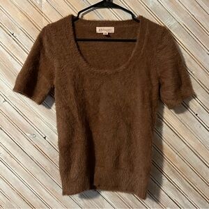 Philosophy Fluffy Knit Scoop Neck Top Shirt Sleeve Nylon & Rayon Brown Casual